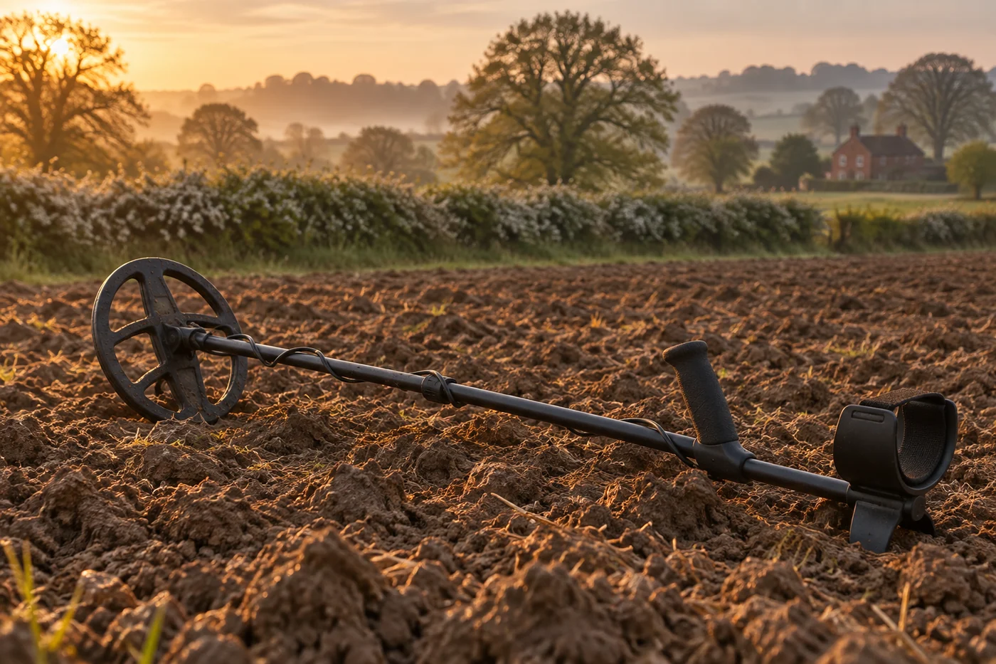 A metal detector lying on the furrows of a ploughed English field at sunrise, with a hedgerow and a red-brick farmhouse behind