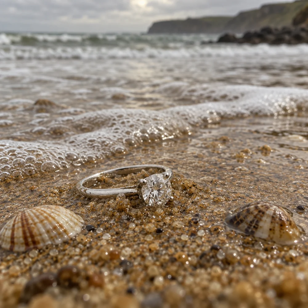 A modern diamond solitaire ring lying in wet sand on a beach between two shells, with waves behind
