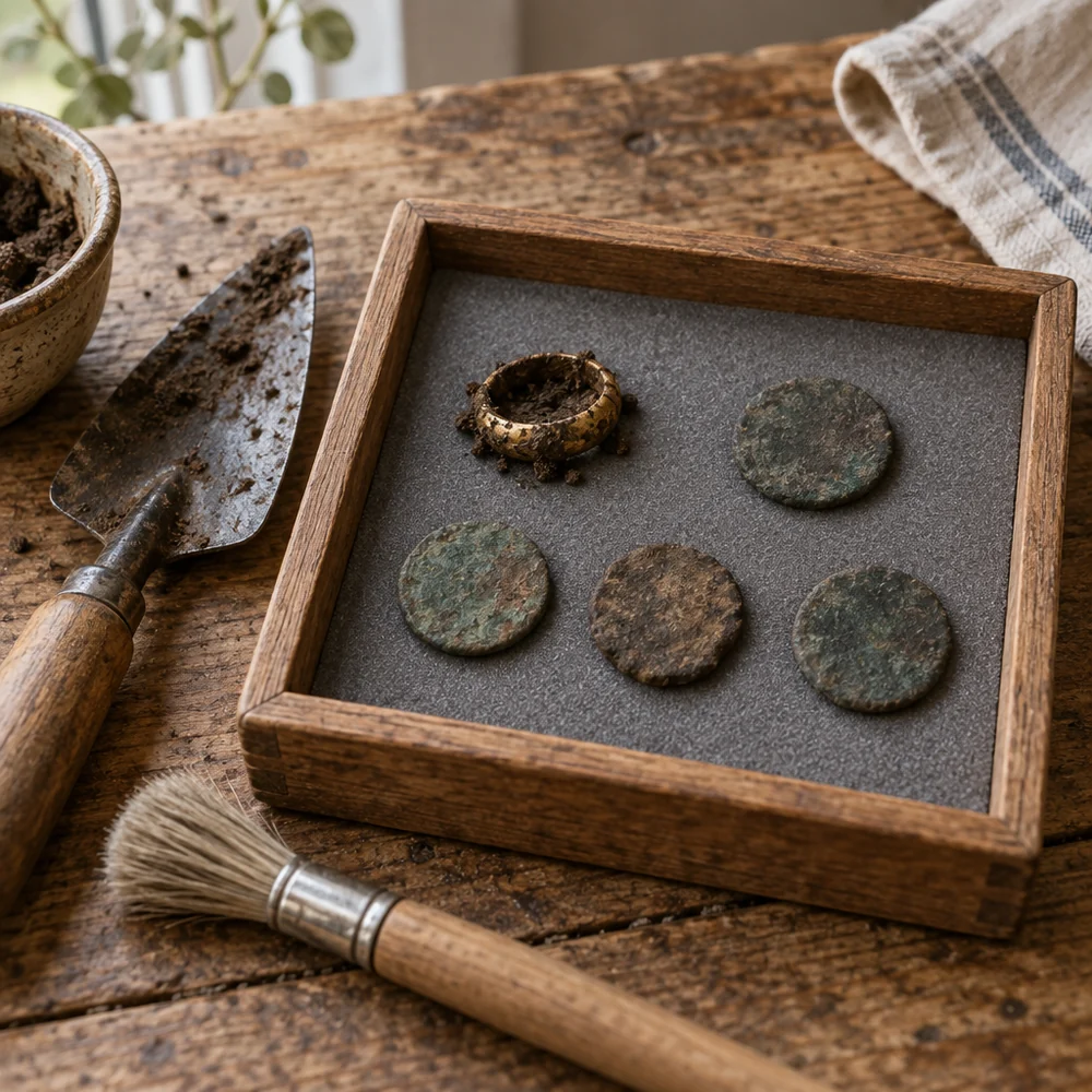 A muddy gold ring and four worn, corroded coins in a wooden finds tray, with a trowel and a soft brush