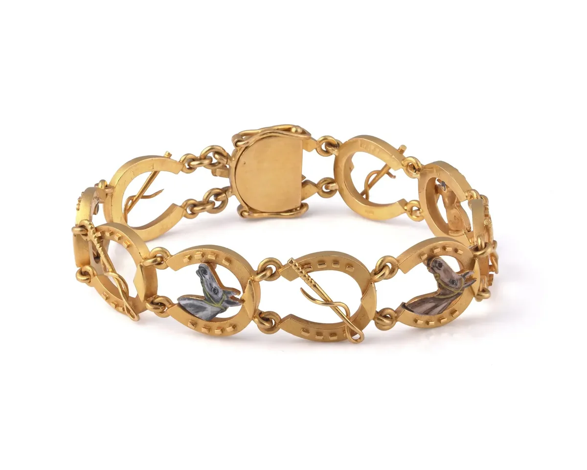 Victorian 22KT gold horseshoe and horse motif bracelet, hallmarked Birmingham 1899, from our collection