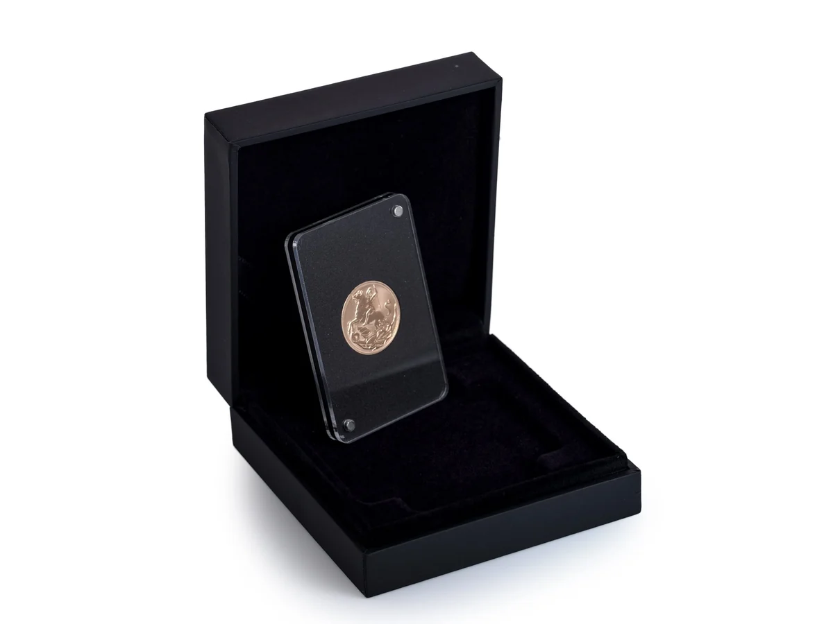 A 2017 reverse proof gold sovereign, Gibraltar issue, in its capsule inside an open black presentation case