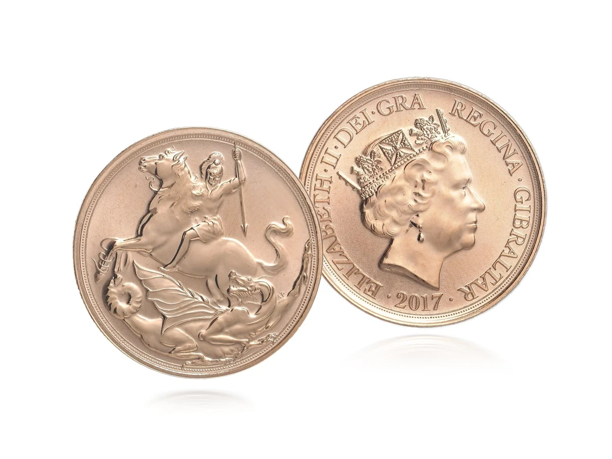 Both sides of a 2017 reverse proof gold sovereign, Gibraltar issue: St George and the dragon, and the portrait with the legend ending GIBRALTAR