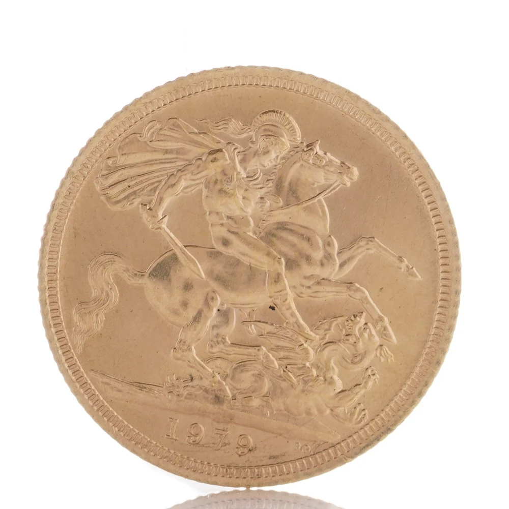 The reverse of a 1979 gold sovereign: Pistrucci's St George on horseback slaying the dragon, with the date below the ground line