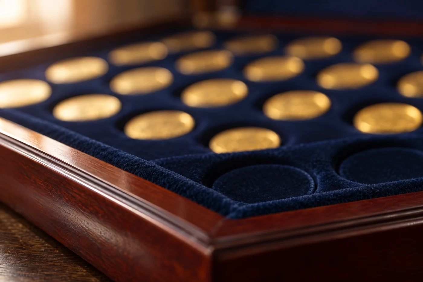 Gold coins resting in a navy velvet coin tray with a polished mahogany rim, softly out of focus