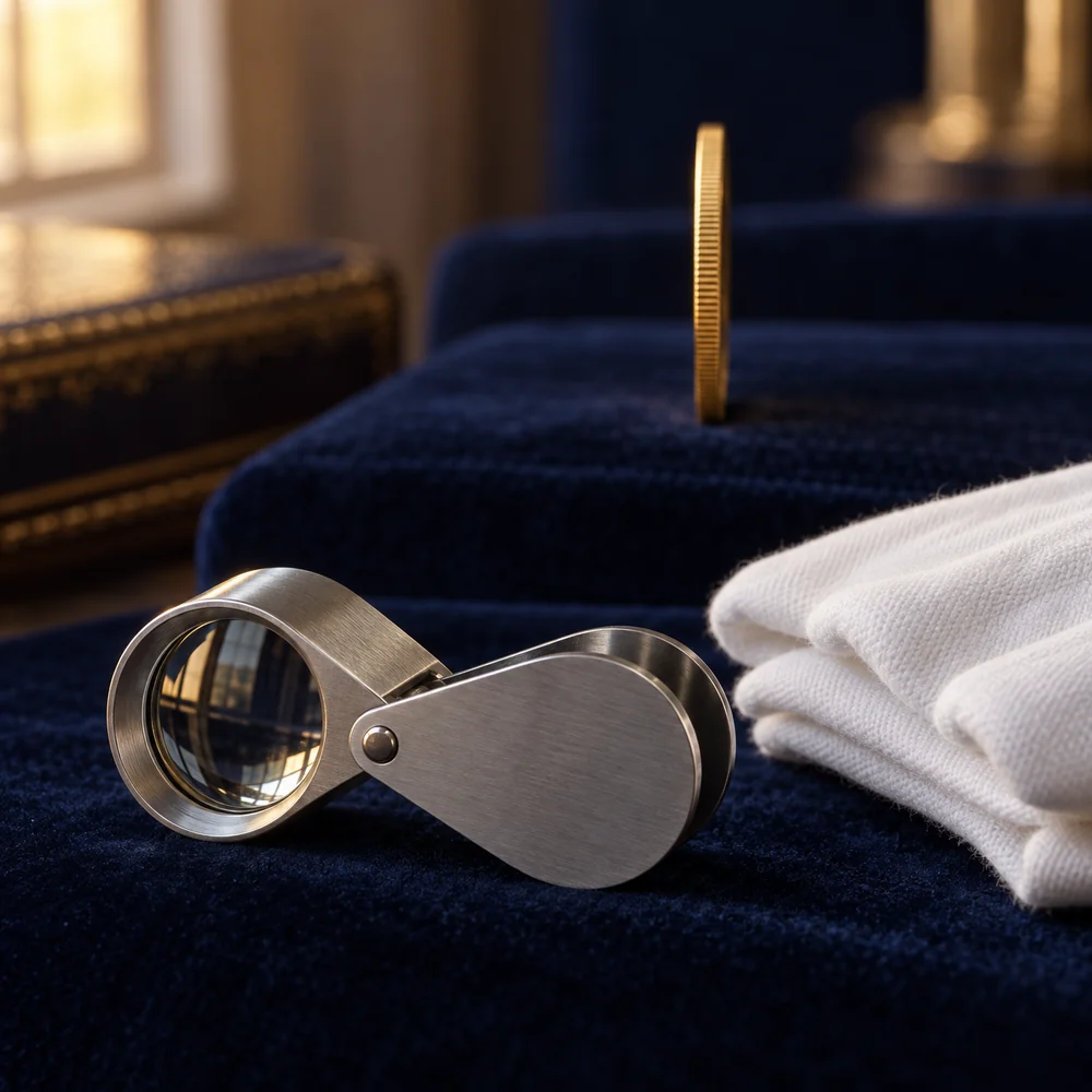 A steel jeweller's loupe and white cotton gloves on navy velvet, with a gold coin standing on its milled edge behind