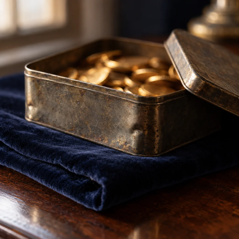 An old tin box full of gold coins on a folded navy velvet cloth, the coins softly out of focus