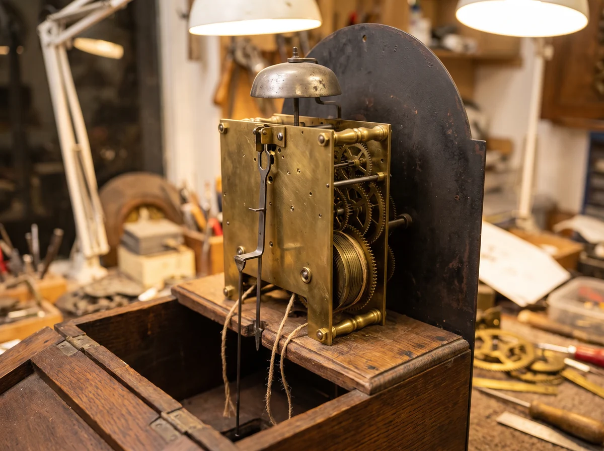 Brass longcase clock movement on its wooden seatboard, seen from behind with the hood removed, bell above and lines running into the case