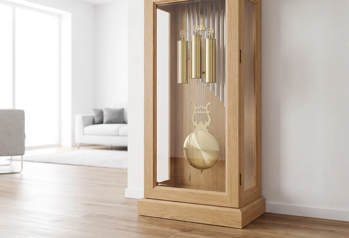 Lower case of a modern oak grandfather clock with glass sides, three brass weight shells, a lyre pendulum and tubular chimes
