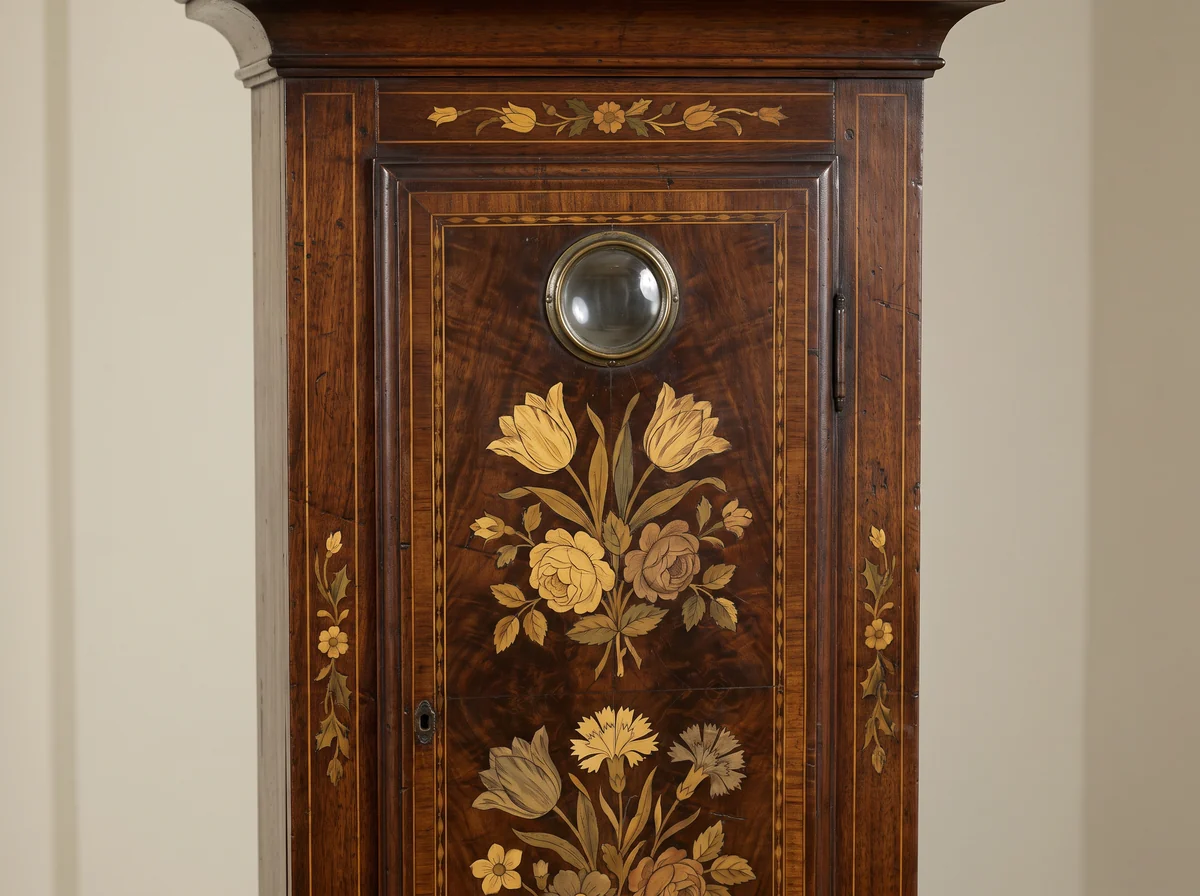 Trunk door of a walnut longcase clock inlaid with floral marquetry of tulips and roses, with a round glazed lenticle