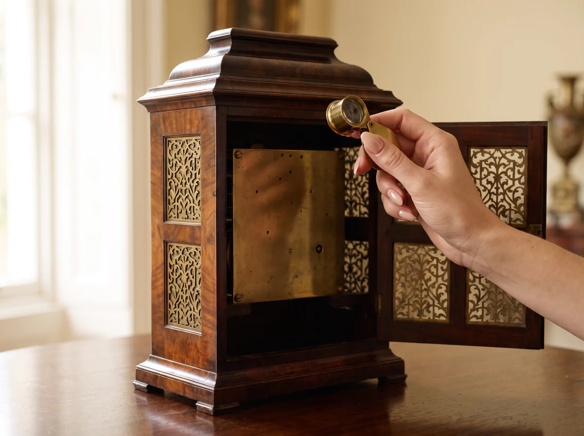 Hand with a loupe examining the open back door and veneered case of a walnut bracket clock