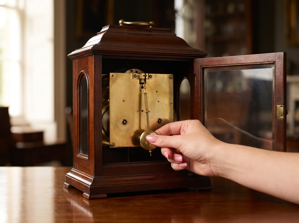 A mahogany bracket clock seen from behind with its rear door open and a hand holding the short pendulum still