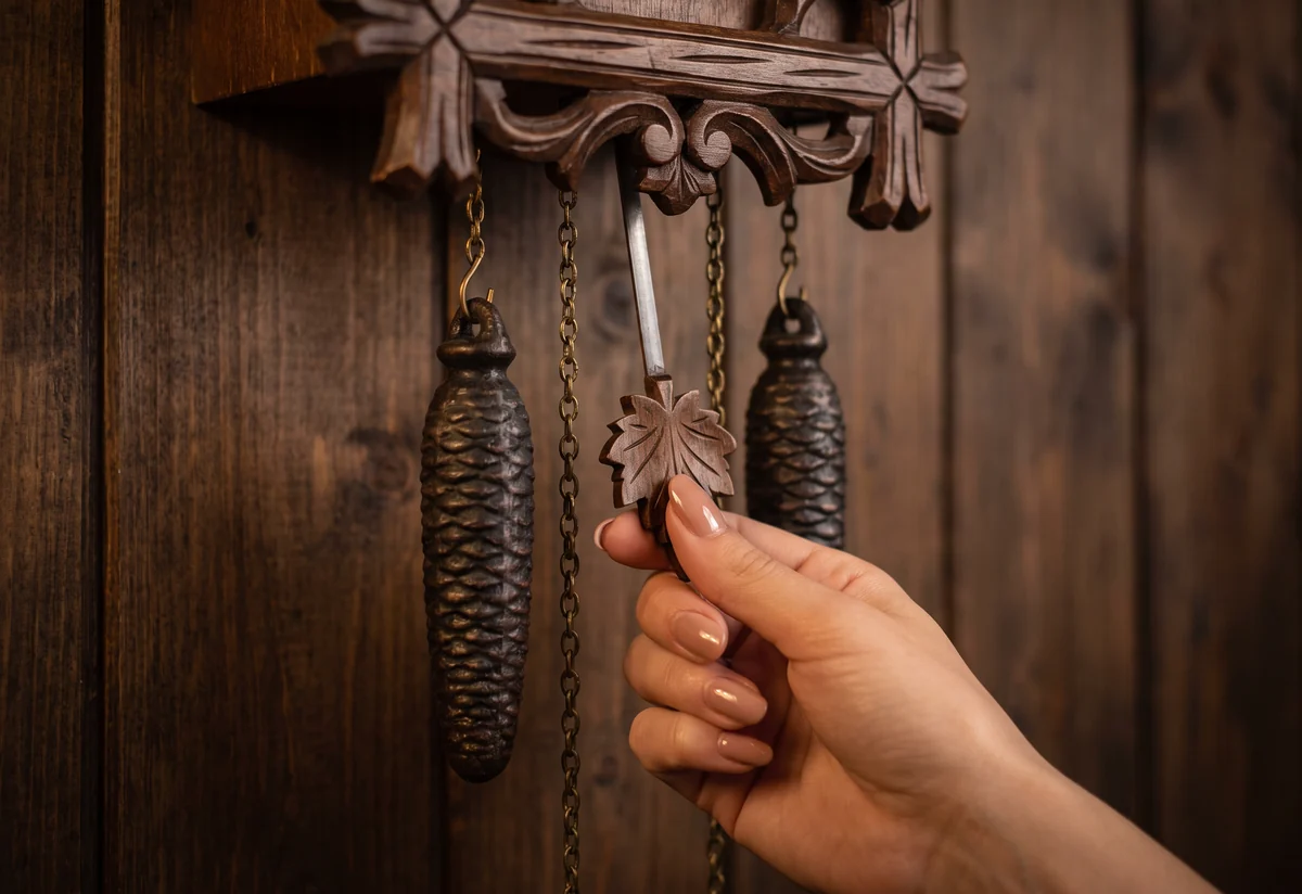 A hand holding the pendulum of a Black Forest cuckoo clock still between its pine-cone weights