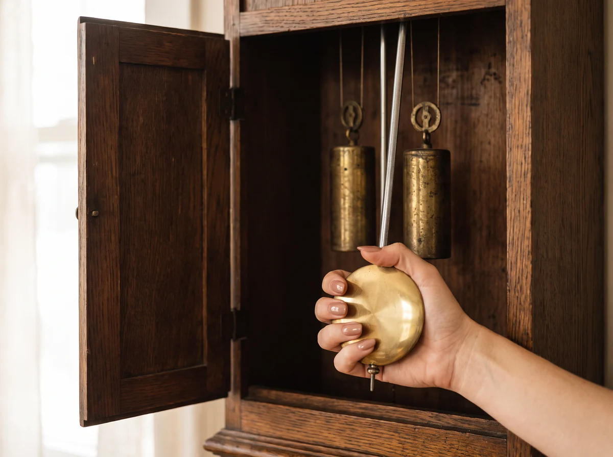 A hand gently stilling the brass pendulum bob inside the open trunk of an oak longcase clock