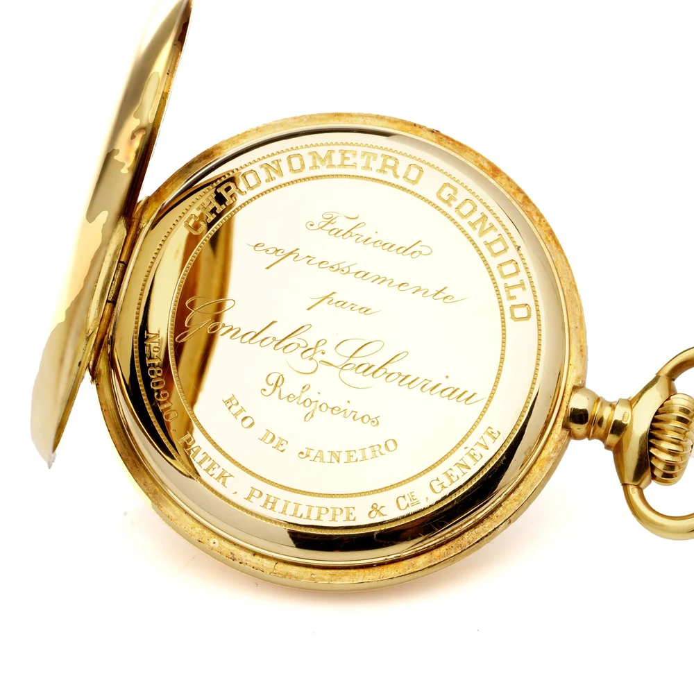 Inner case of a Patek Philippe pocket watch engraved Chronometro Gondolo, made for Gondolo and Labouriau of Rio de Janeiro