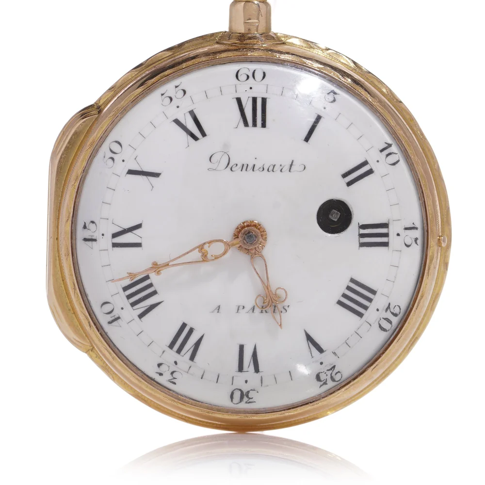 18th century French verge pocket watch dial signed Denisart a Paris with a key winding hole beside the centre