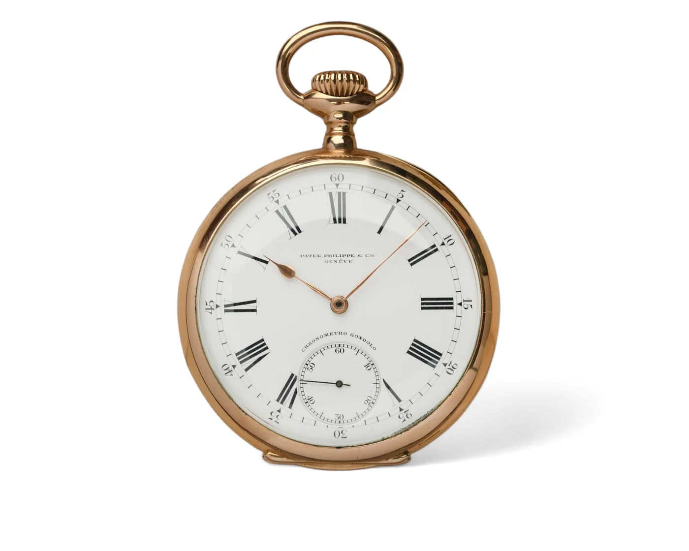 Patek Philippe Chronometro Gondolo 18ct gold open face pocket watch with white enamel dial, Roman numerals and small seconds