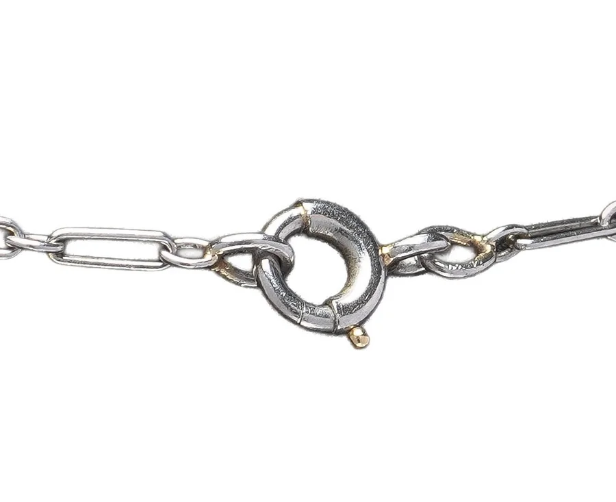 A round spring ring clasp closing a fine platinum link chain on a Belle Epoque pendant necklace of about 1910