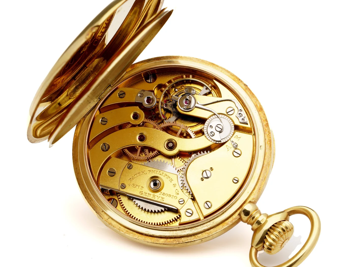 Antique 18ct gold open face pocket watch with the hinged case back and inner dome opened to show the gilt movement