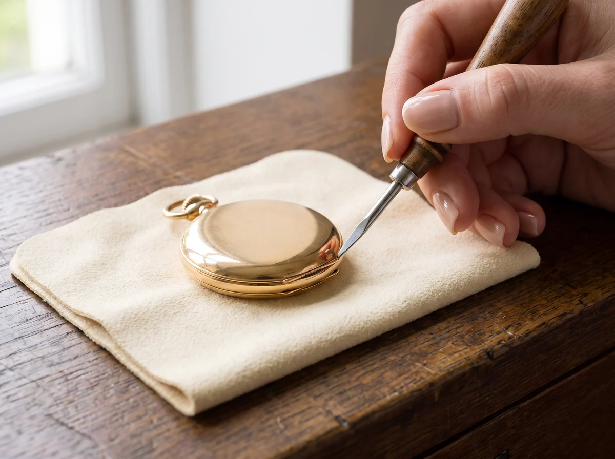 Gold pocket watch lying face down on a chamois cloth while a manicured hand slips a case knife into the lip of the snap back