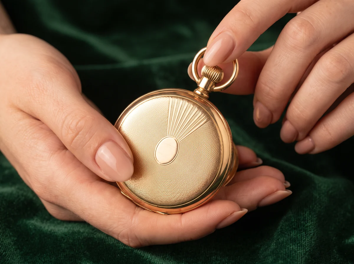 Closed engine-turned gold hunter pocket watch held in the palm while a finger presses the crown to release the front lid