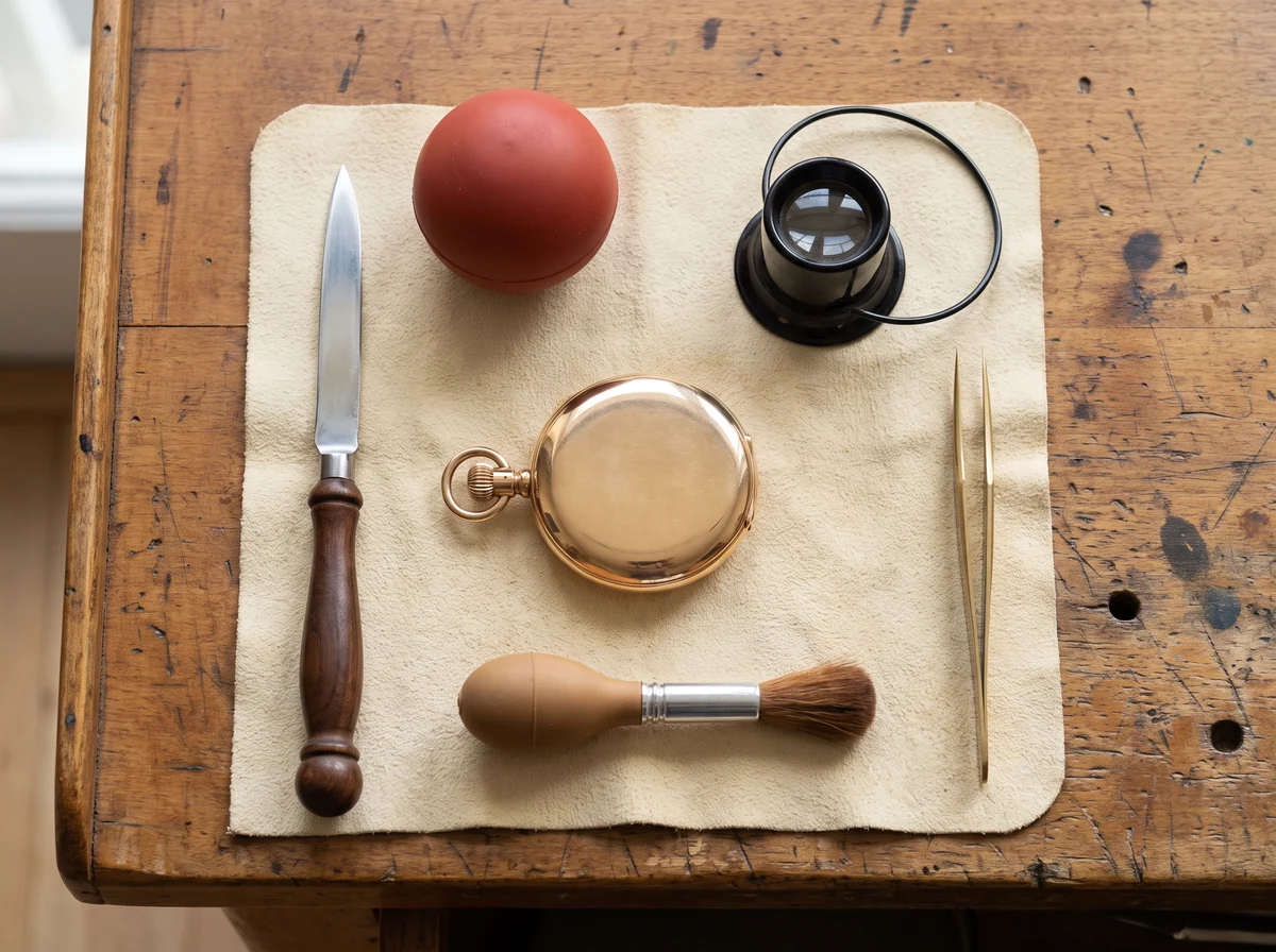 Case knife, rubber case ball, loupe, tweezers and blower brush laid out on a chamois cloth beside a gold pocket watch lying face down