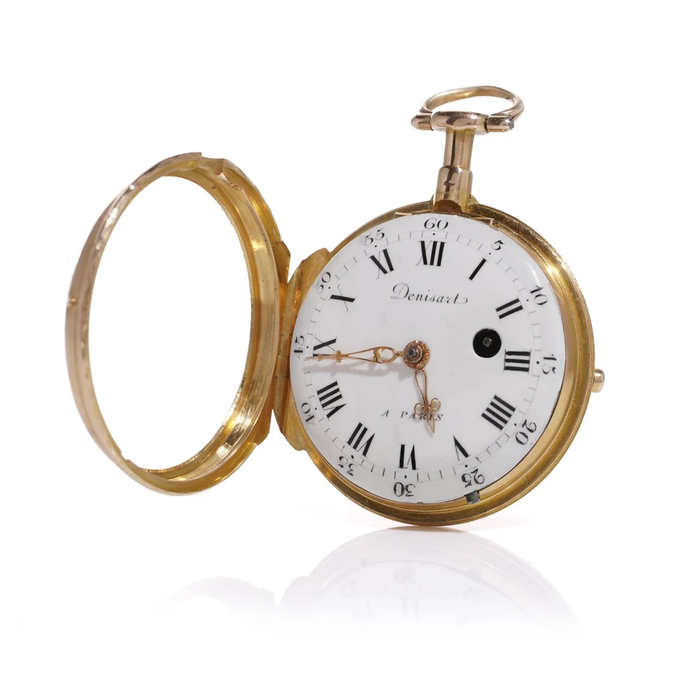 18th century gold verge pocket watch with the front bezel and crystal swung open on its hinge