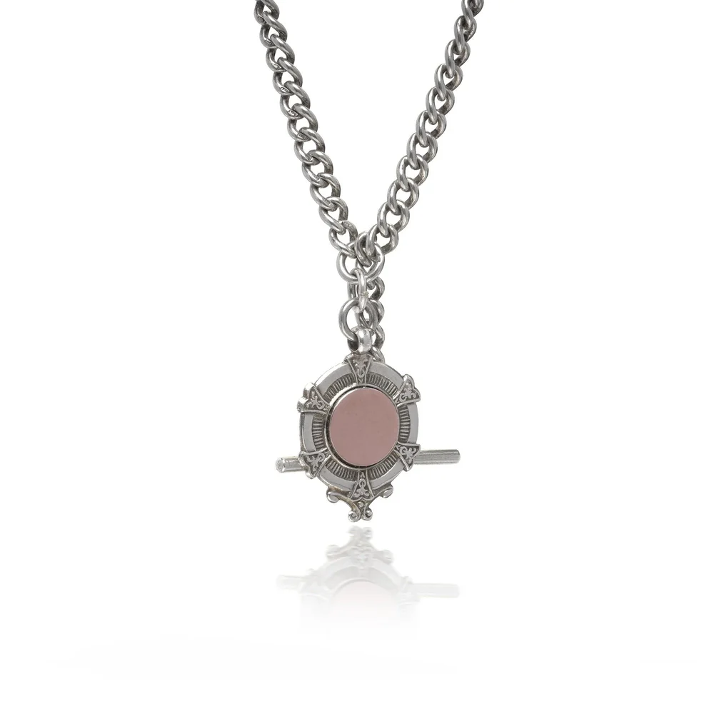 Antique silver curb-link Albert watch chain with a T-bar and fob, Birmingham 1926