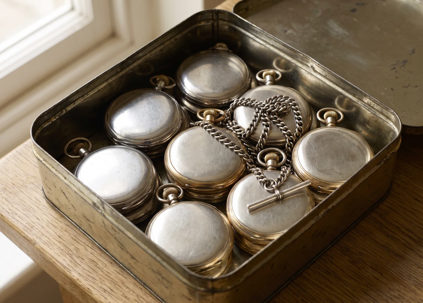 An old biscuit tin full of everyday chrome, nickel and gilt pocket watches lying face down, with a silver Albert chain across them