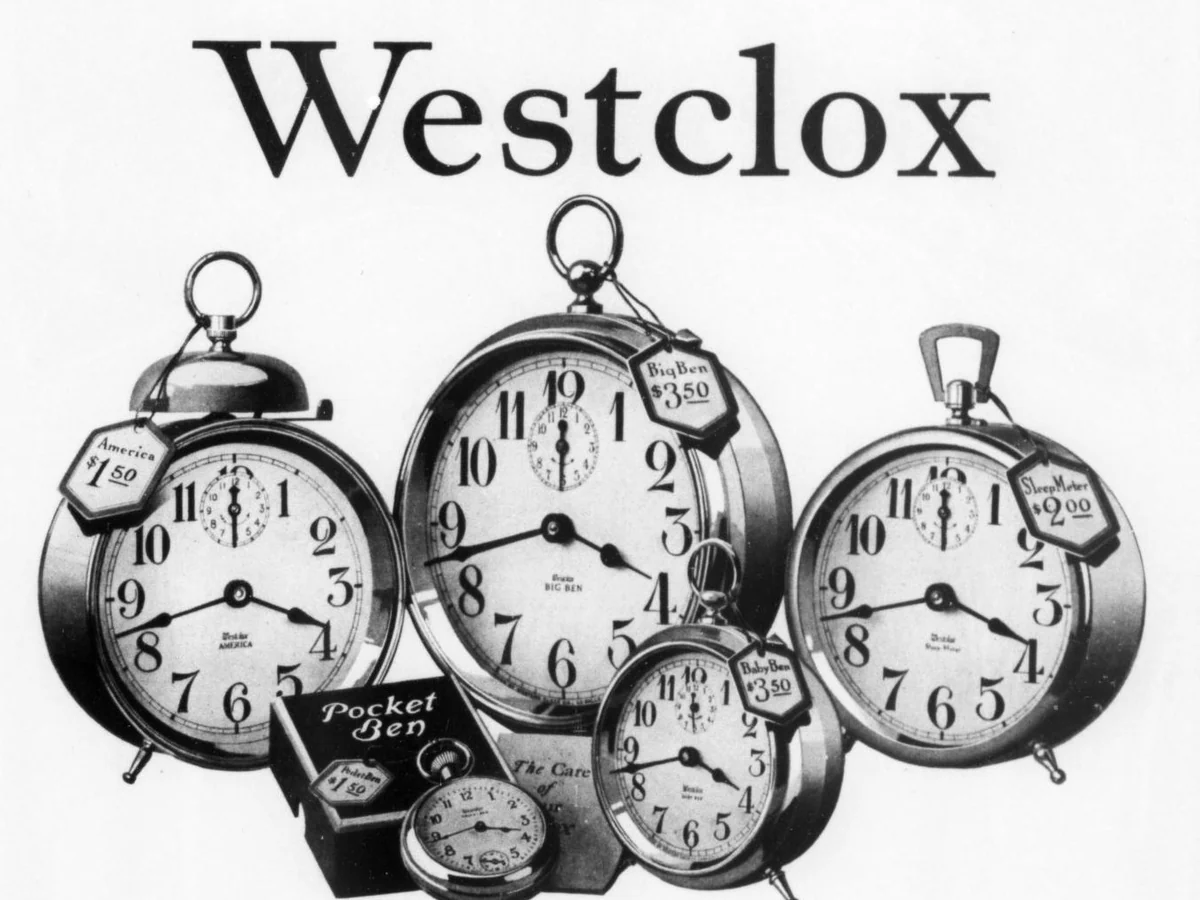 1922 Westclox advertisement showing Big Ben alarm clocks and a boxed Pocket Ben pocket watch