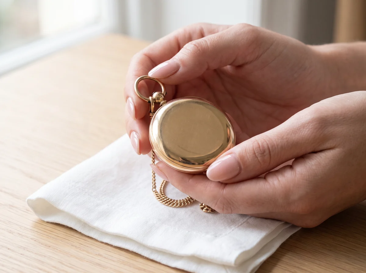 Hands holding a closed gold hunter pocket watch by its edges over a soft linen cloth