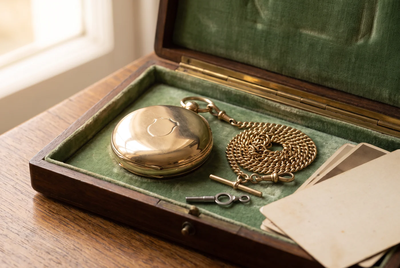 Closed gold full hunter pocket watch with its gold Albert chain and watch key in an old velvet-lined family keepsake box