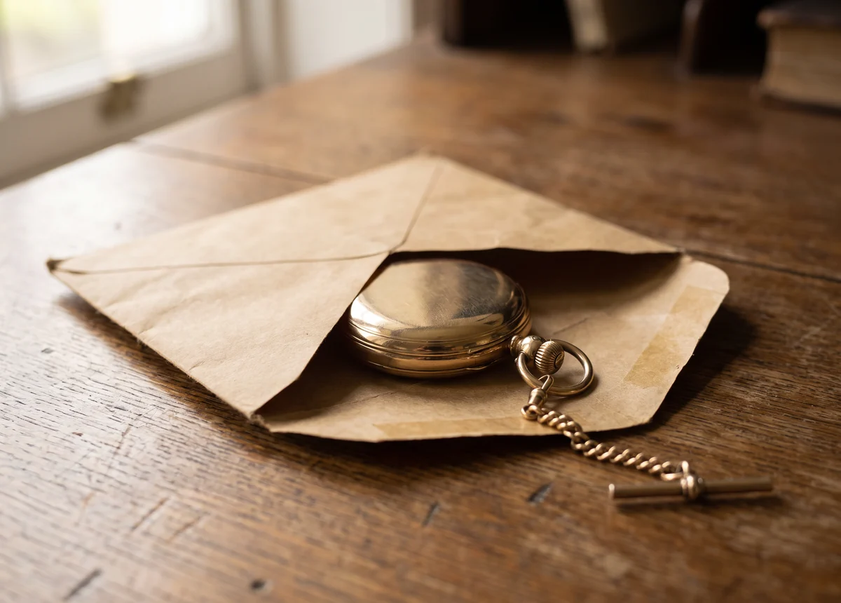 Closed gold hunter pocket watch and chain sliding out of an old brown envelope on a wooden desk, left as found