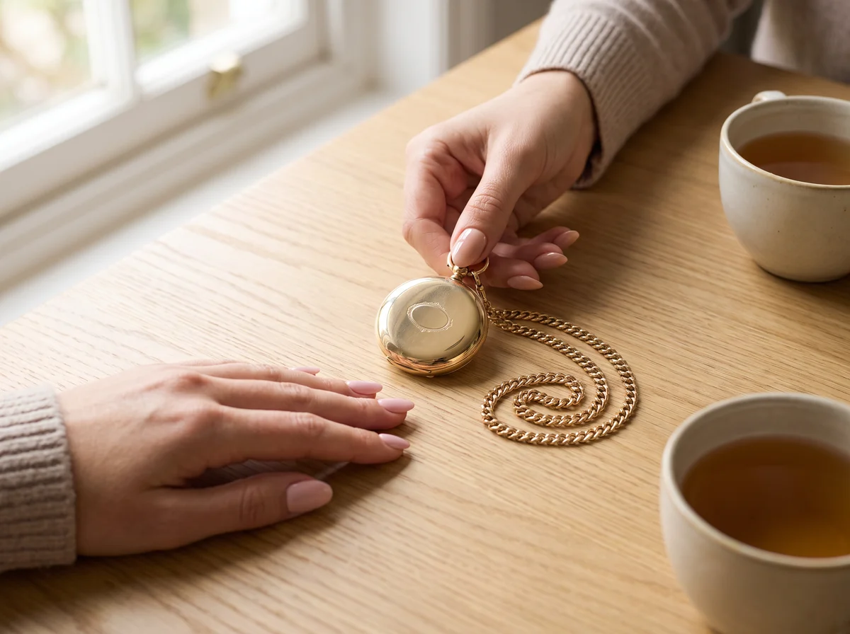 Two people at a kitchen table passing a closed gold hunter pocket watch and chain between them