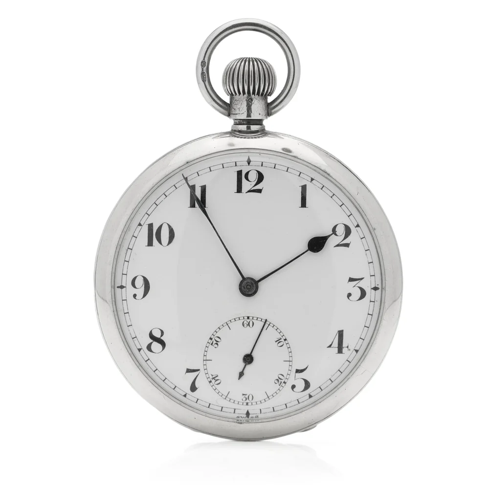 Sterling silver open face pocket watch by Wilsdorf and Davis with a white dial and Arabic numerals