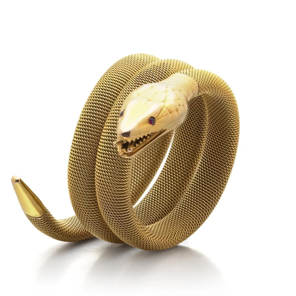 Antique 18ct gold mesh serpent coil bracelet with ruby eyes