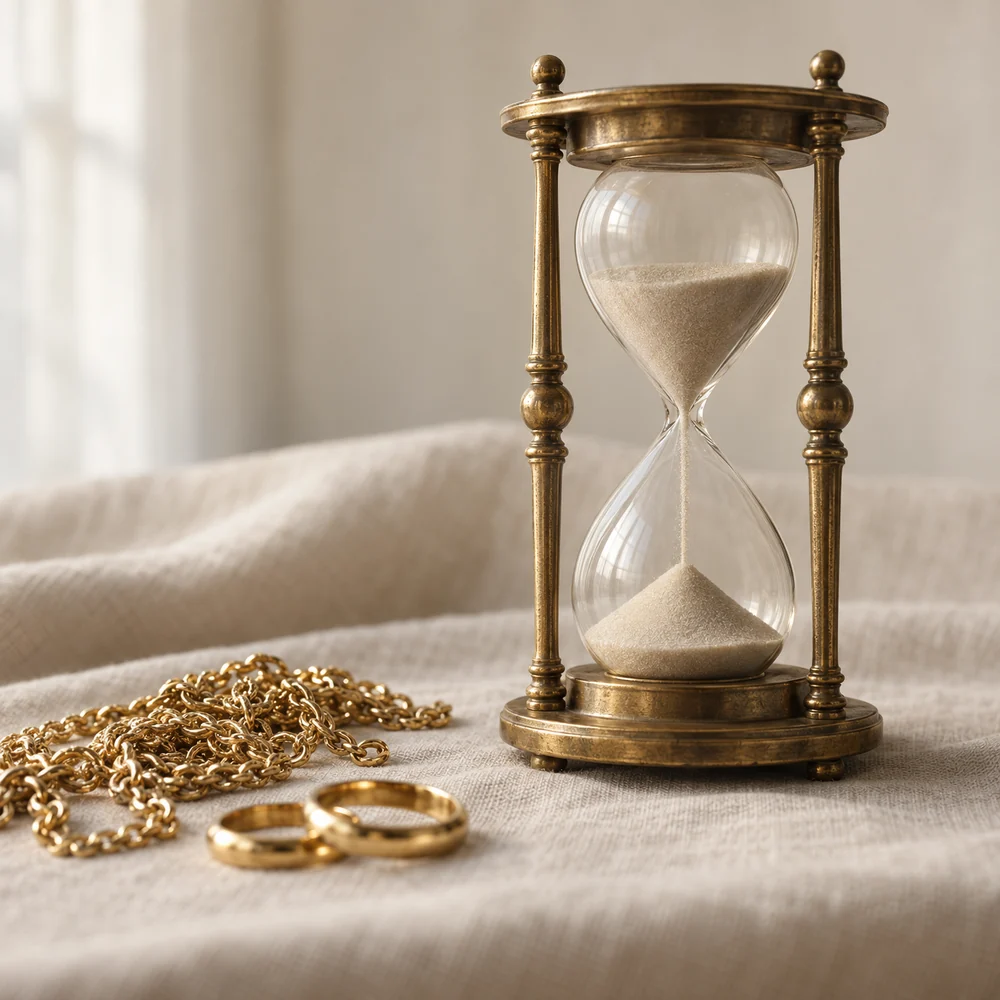 An antique brass hourglass with the sand running, beside a gold chain and two gold wedding bands on linen