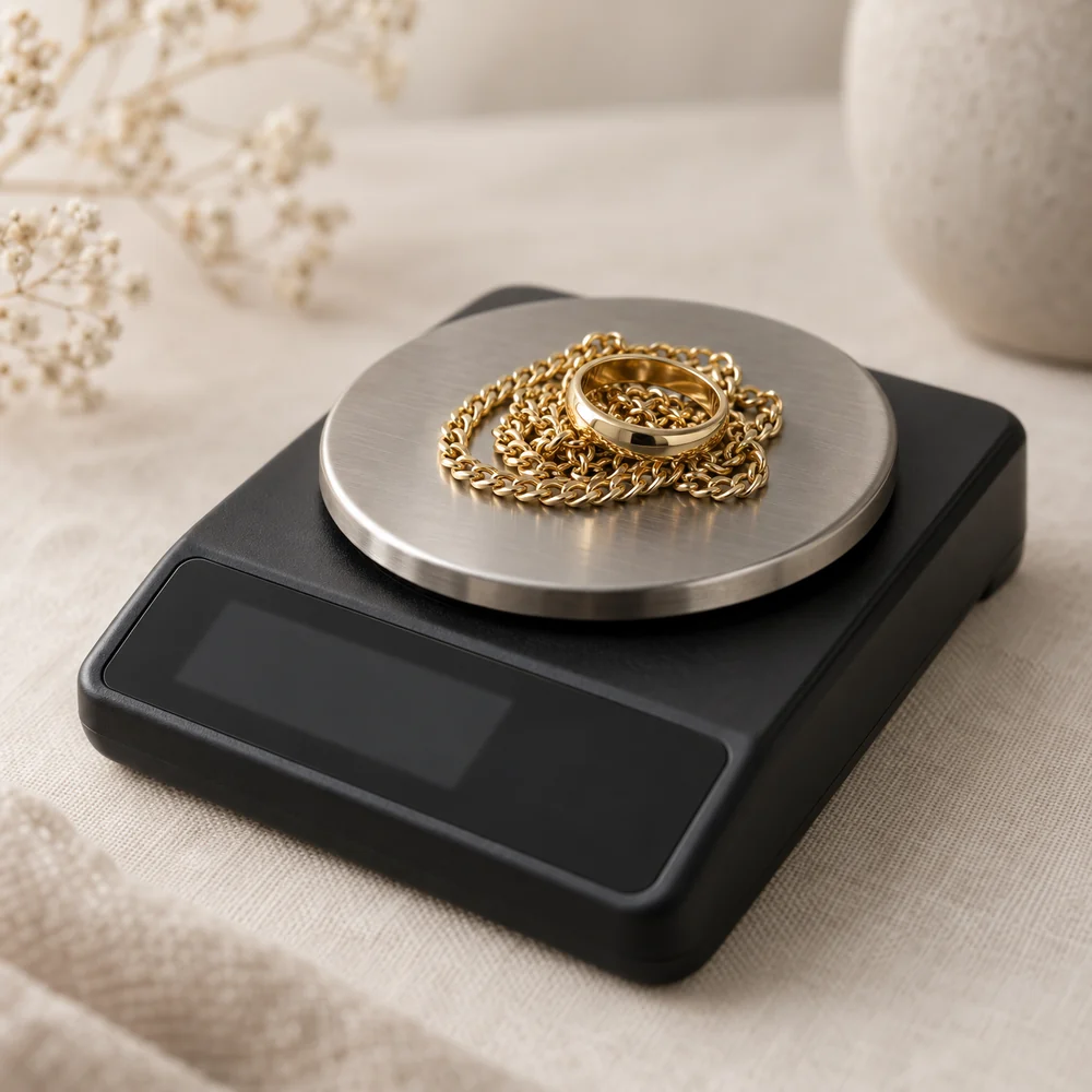 A gold curb chain and a gold ring on the steel pan of a black digital jeweller's scale