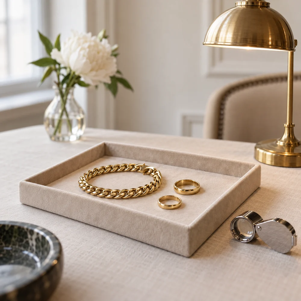 A calm valuation desk with a gold curb bracelet and two gold rings on a suede tray, a loupe and a brass lamp