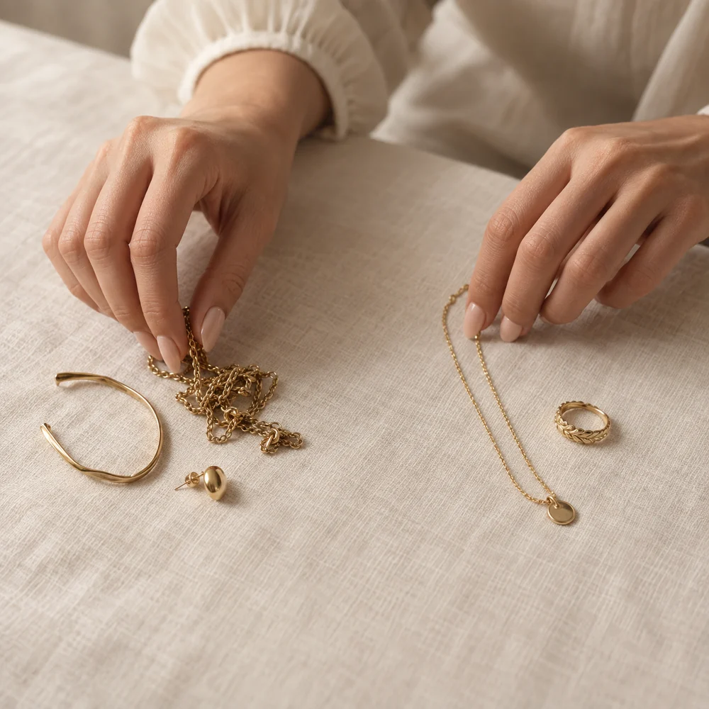 A woman's manicured hands sorting gold jewellery into two groups: a tangled chain, a bent bangle and a single earring on one side, a necklace and a ring on the other