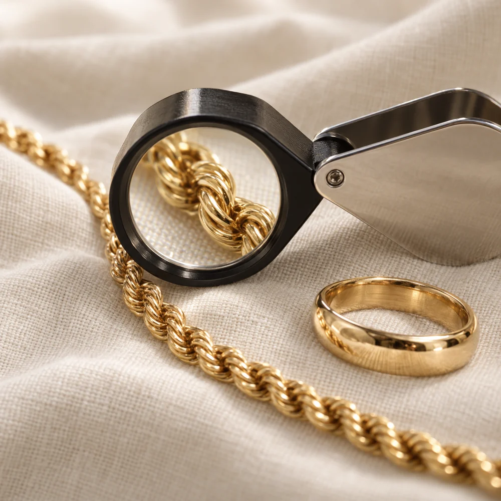 A jeweller's folding loupe magnifying the links of a gold rope chain, with a gold band beside it