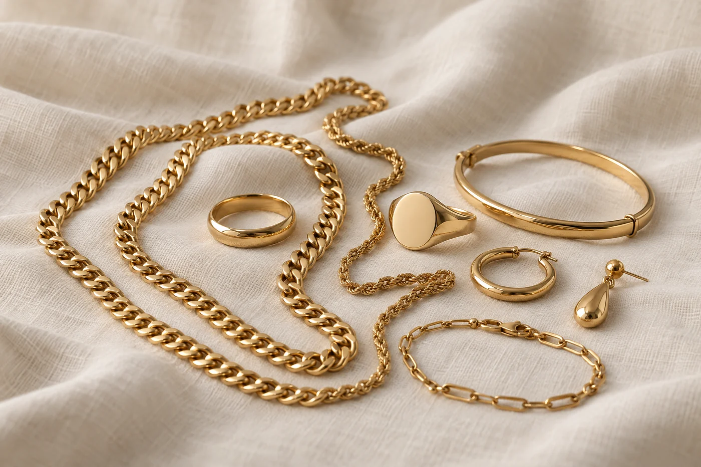 Mixed yellow gold jewellery on ivory linen: curb and rope chains, a wedding band, a signet ring, a bangle, a hoop earring, a single drop earring and a bracelet