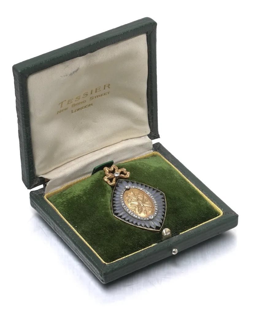 Victorian gold, diamond and enamel locket pendant in its original fitted box from Tessier, London