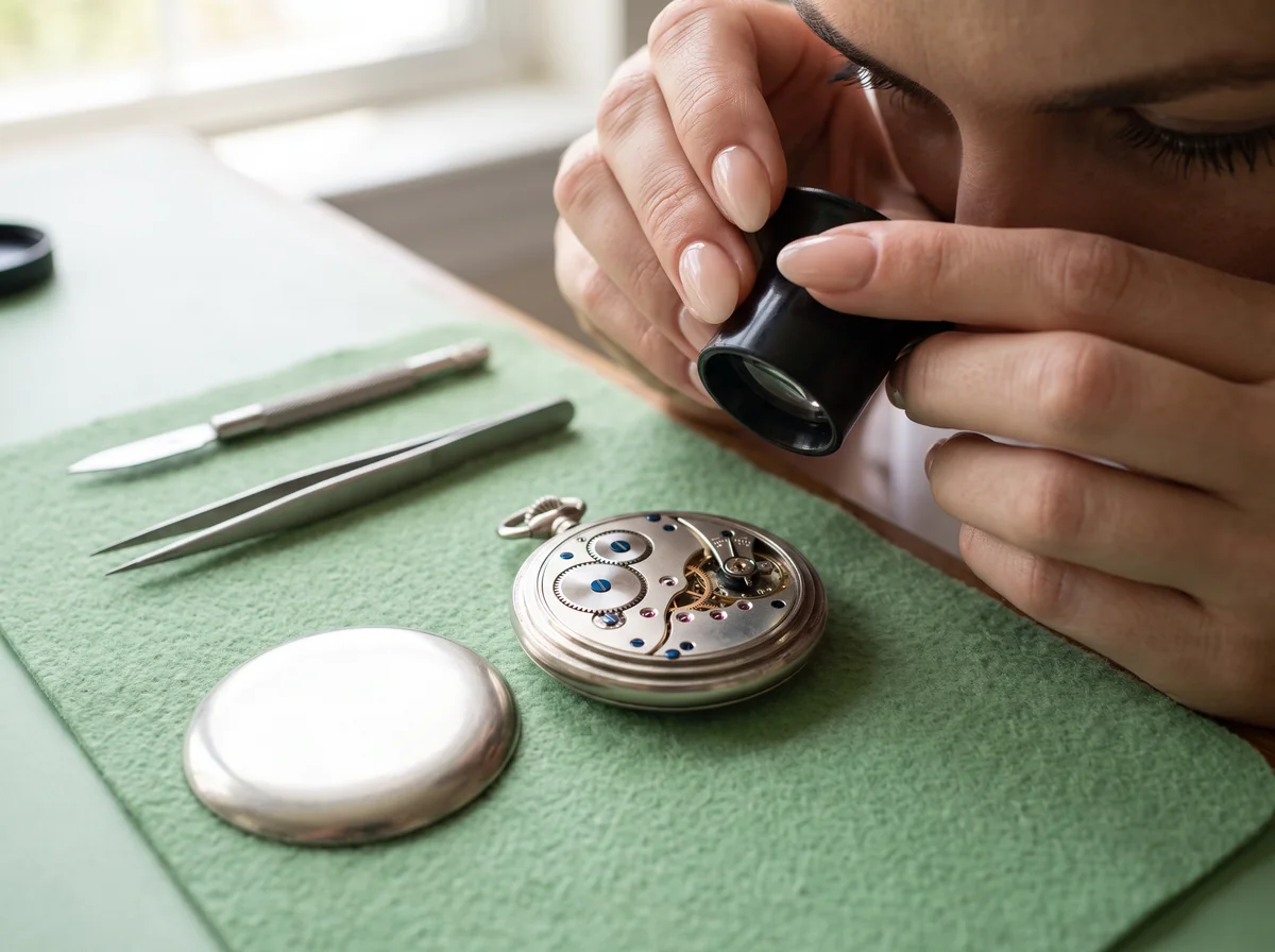 Hands with a loupe examining the movement of a pocket watch whose case back has been removed