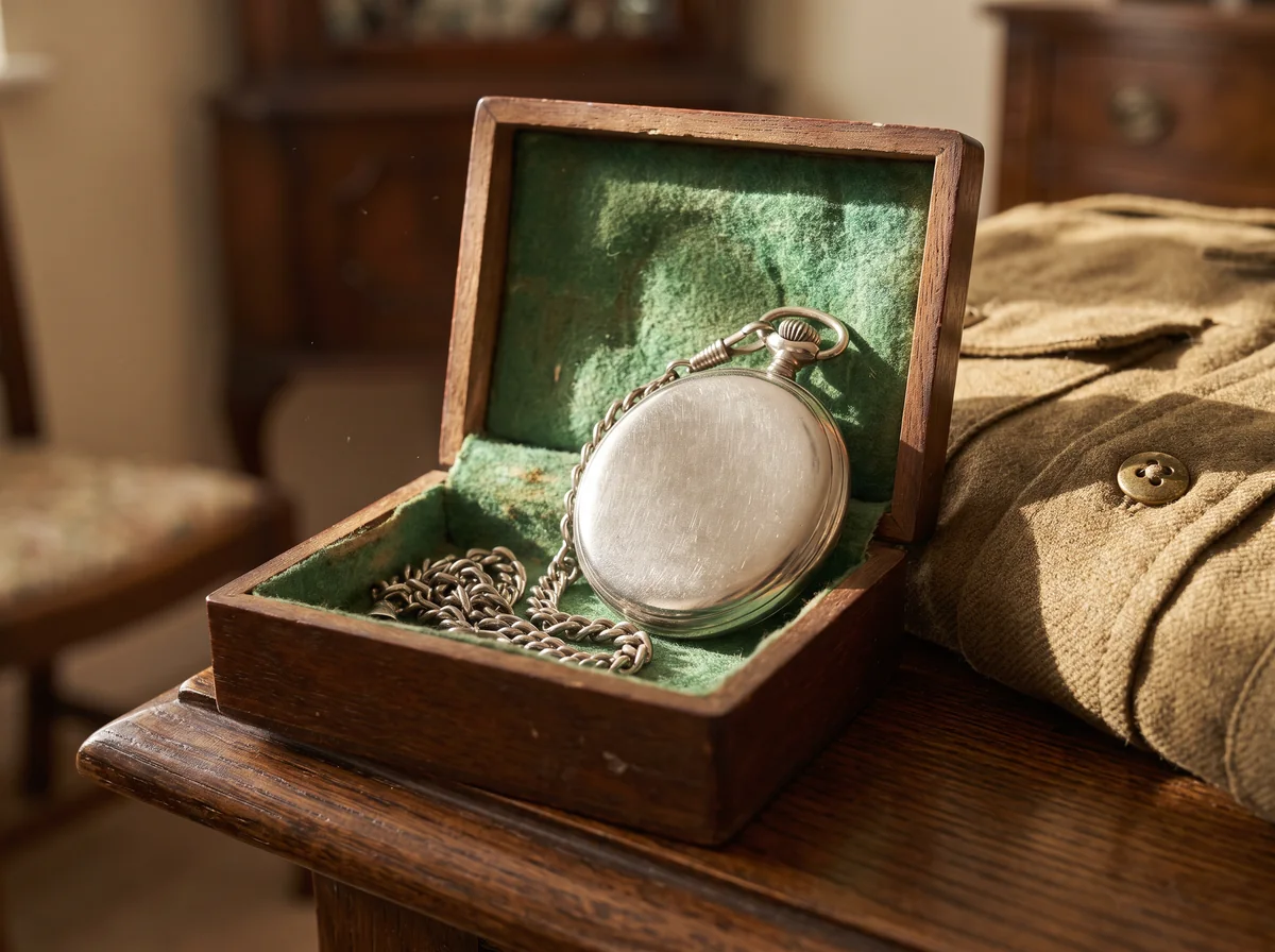A pocket watch and chain in a small wooden keepsake box beside a folded khaki army shirt