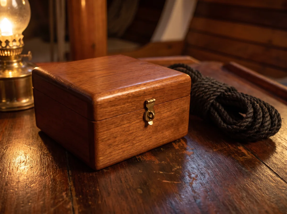 A closed mahogany deck watch box with a brass hook clasp on a ship's table beside a coil of rope