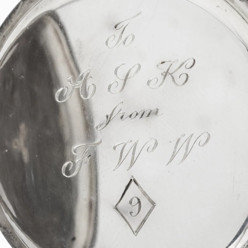 Engraved presentation inscription inside the back of a silver pocket watch case