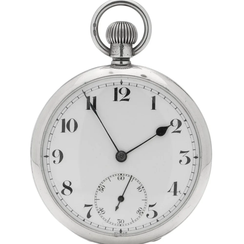 Wilsdorf and Davis silver open face pocket watch with a white dial, Arabic numerals and small seconds