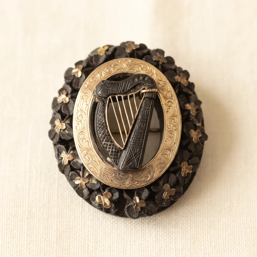 An oval Irish bog oak brooch carved with a wreath of shamrocks around a carved harp with gold strings, inside an engraved gold band