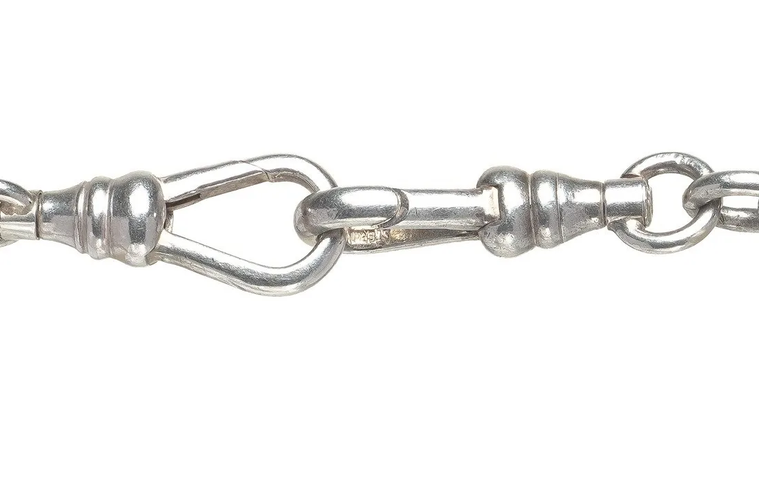 Swivel dog clip on an antique silver Albert watch chain, Birmingham 1926