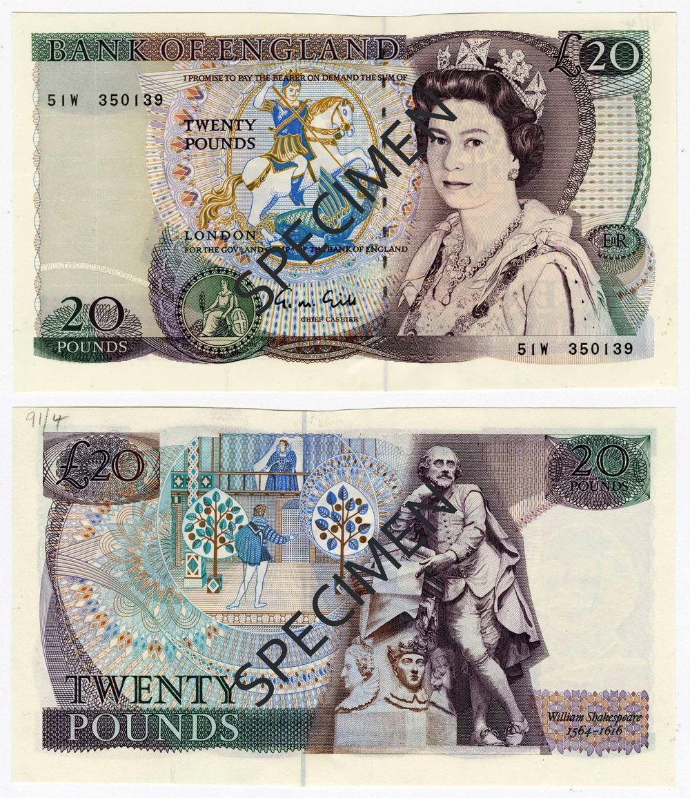 Front and back of the Bank of England 20 pound note first issued in 1970, with Queen Elizabeth II on the front and William Shakespeare on the back, overprinted SPECIMEN